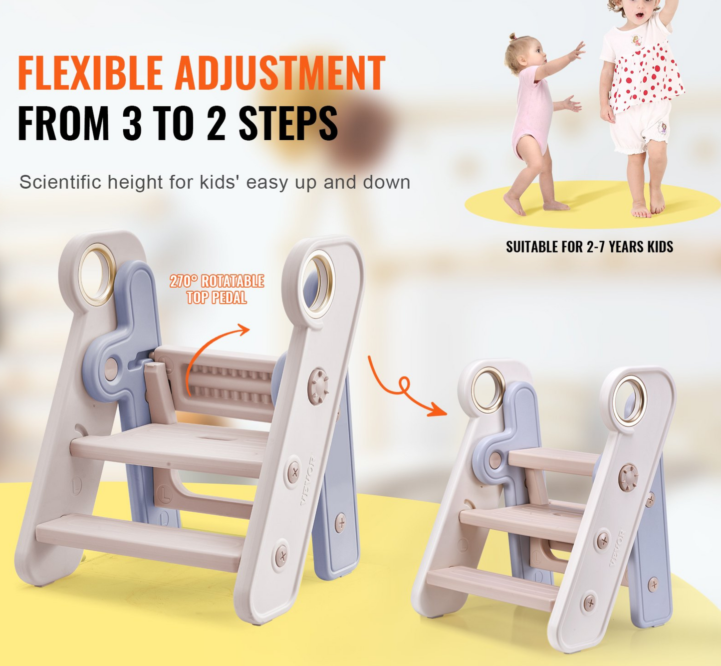 JCK vevor VR Toddler Step Stool, Adjustable 3 Step to 2-Step, Cream Stairs