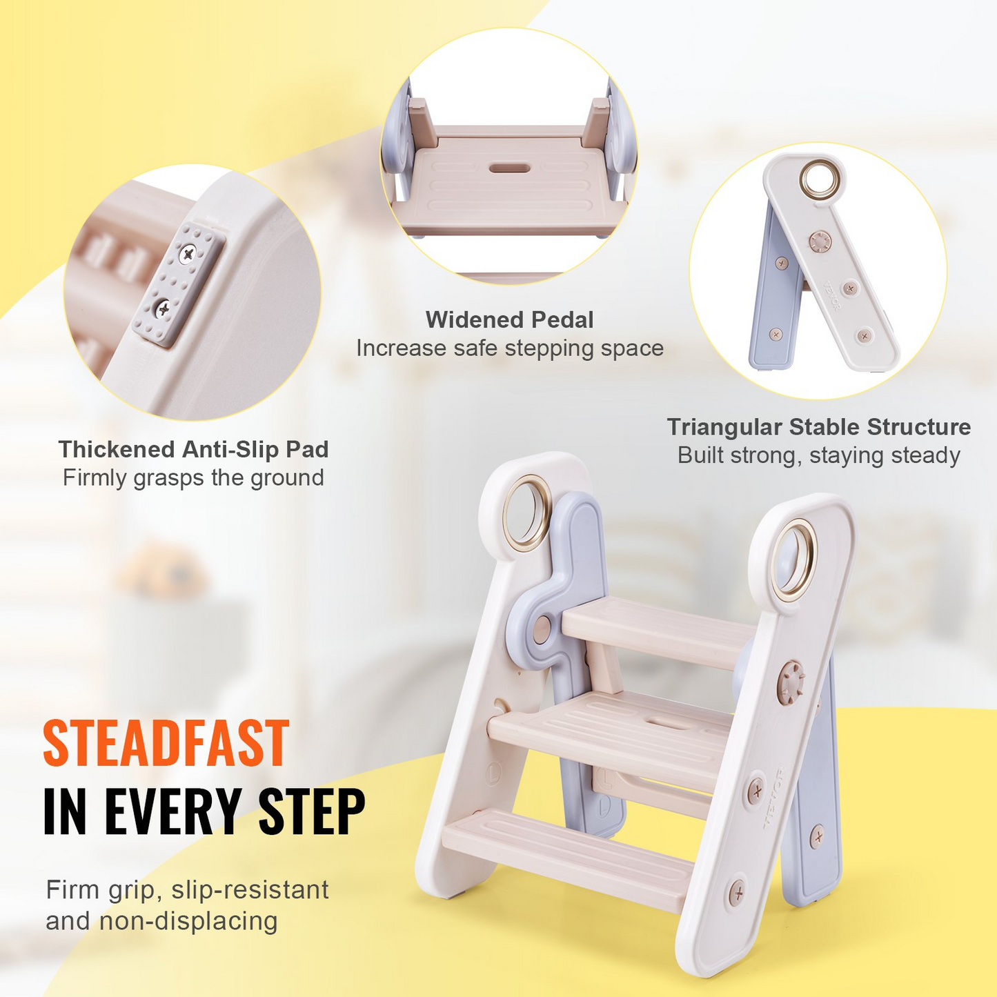 JCK vevor VR Toddler Step Stool, Adjustable 3 Step to 2-Step, Cream Stairs