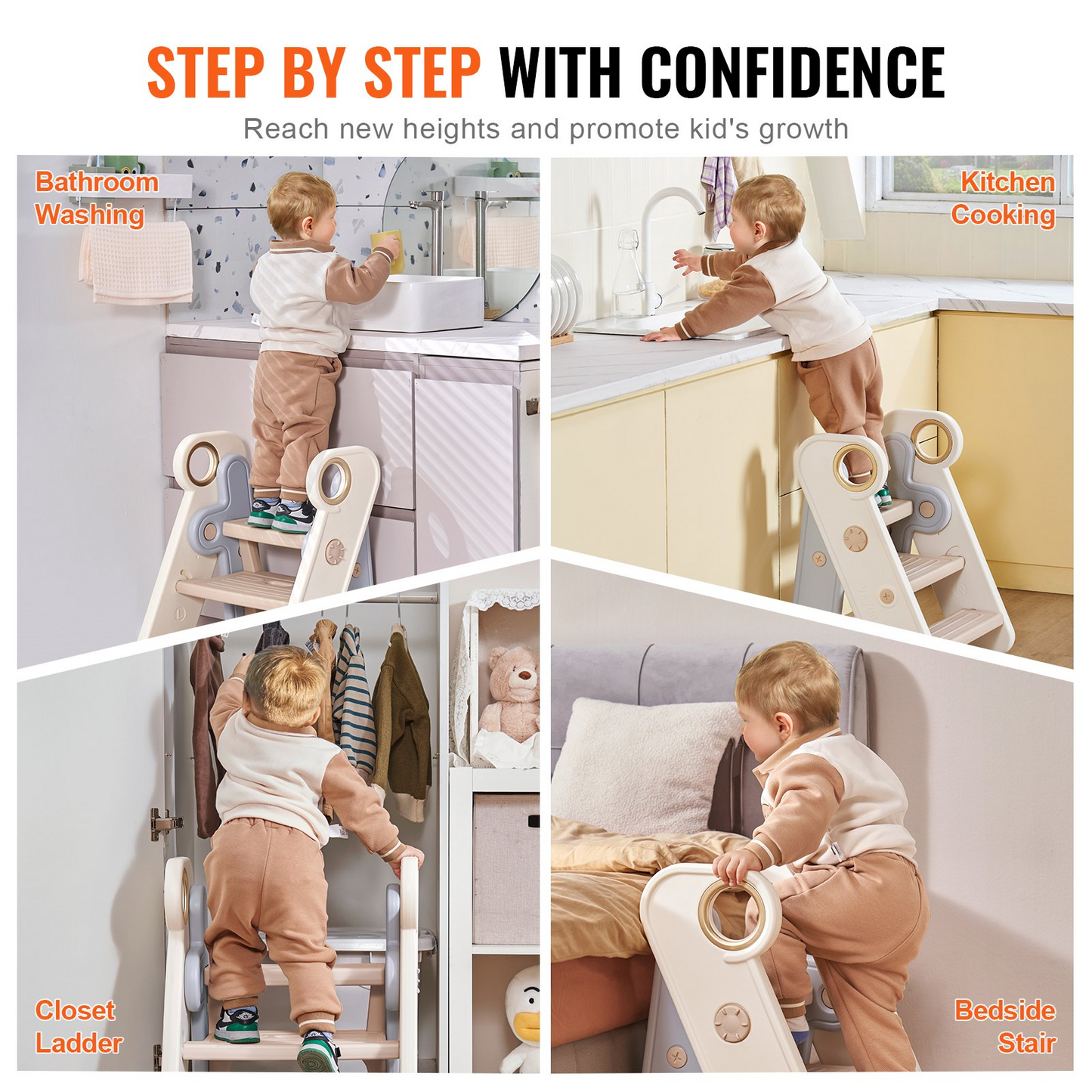 JCK vevor VR Toddler Step Stool, Adjustable 3 Step to 2-Step, Cream Stairs