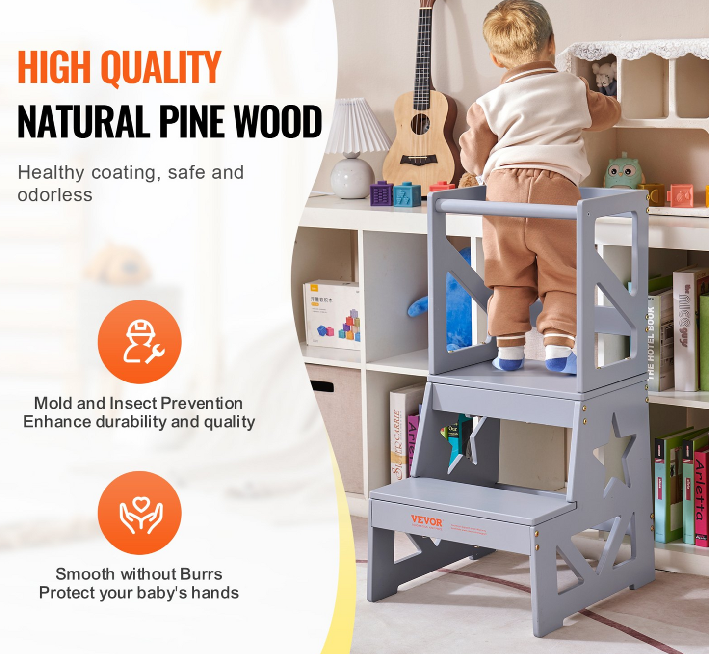 JCK vevor PN Grey Natural Pine Wood Kids Learning Tower