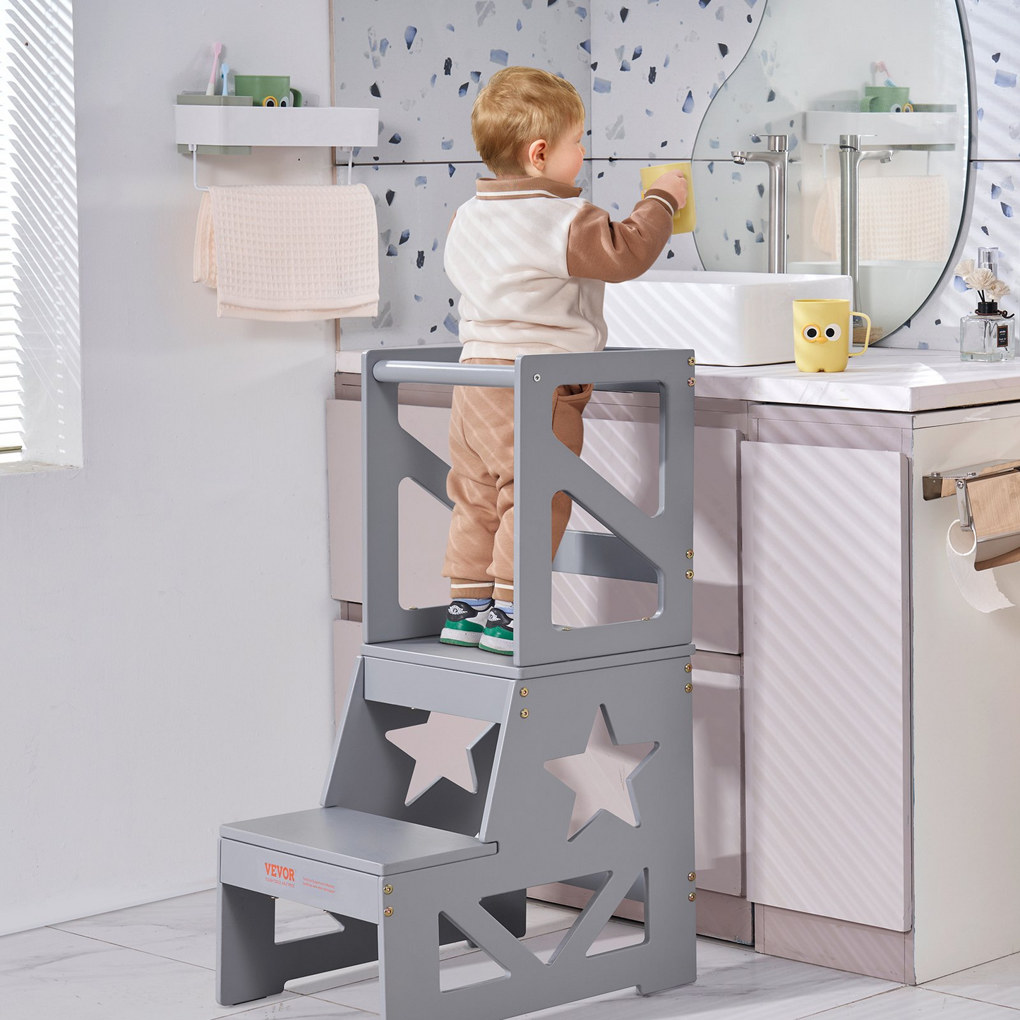 JCK vevor PN Grey Natural Pine Wood Kids Learning Tower